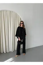 Ensemble chemisier et pantalon noirs avec détails de surpiqûres au col - 9002