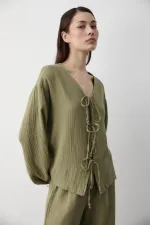 Haki %100 Pamuk Bağlamalı Bluz Pantolon Takım