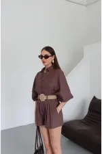 Kahverengi Hasır Kemerli Gömlek Şort Takım