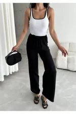 Siyah Beli Lastikli Pamuklu Keten Pantolon
