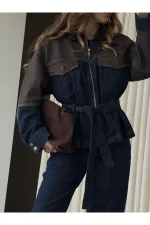 Lacivert - Kahve Bağlamalı Ceket Pantolon Denim Takım - 0836