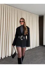 Veste en satin noir ceinturée - 9691