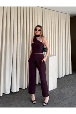 Mürdüm Tek Omuz Tasarım Yaka Bluz Pantolon Takım - 8003