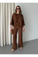 Ensemble chemisier et pantalon marron avec détails de surpiqûres au col - 9002