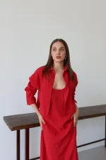 Kırmızı Modal Gömlek Elbise Takım