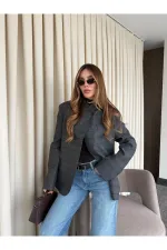 Veste à carreaux anthracite à col mandarin - 4103