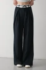 Pantalon de créateur bleu marine avec ceinture à cordon - 3576