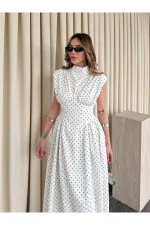 Ekru Vatkalı Puantiyeli Elbise - 2607