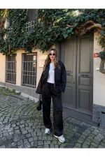 Siyah Bomber Saten Ceket Pantolon Takım - 9663 - 51229