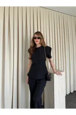 Siyah Balon Kol Düğmeli Ceket Pantolon Takım - 0440