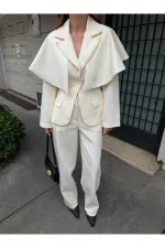 Ekru Pelerin Detaylı Ceket Pantolon Takım - 202604