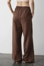 Pantalon marron en coton et lin avec taille élastique