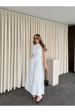 Beyaz Puantiyeli Uzun Elbise - 5092