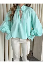 Mint Yakası Bağlamalı Kolları Tasarım Gömlek - 112254