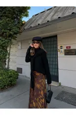 Haki - Sarı Yaprak Desenli Etek - 251101