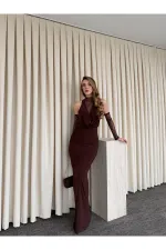 Kahverengi Degaje Yaka Dantel Eldivenli Elbise - 20117