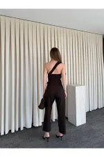 Acı Kahve Tek Omuz Tasarım Yaka Bluz Pantolon Takım - 8003