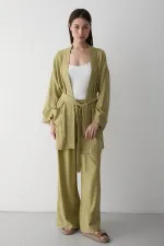 Haki %100 Pamuk Cep Detaylı Kuşaklı Kimono Takım - 8491