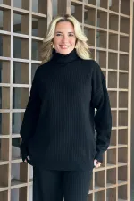 Ensemble pull à col roulé noir en maille côtelée - 4671