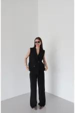 Siyah Siyah Düğmeli Yelek Pantolon Takım