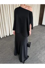 Siyah Omuz Drapeli Saten Bluz Etek Takım - 8005