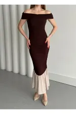 Kahverengi Kayık Yaka Fırfırlı Elbise - 4798