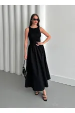 Siyah Sıfır Kol Pileli Elbise