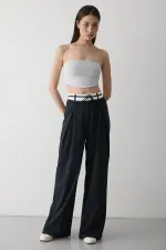 Pantalon de créateur bleu marine avec ceinture à cordon - 3576