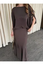 Kahverengi Omuz Drapeli Saten Bluz Etek Takım - 8005