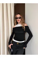 Siyah Beyaz Atletli Kayık Yaka Bluz - 0780