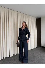 Costume en jean bleu marine de créateur - 8002