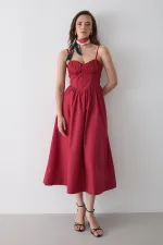 Kırmızı Bel Detaylı Poplin Elbise - 2001