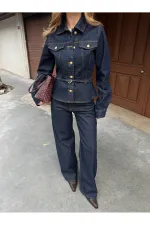 Lacivert Belden Oturtma Denim Ceket Pantolon Takım - 0838