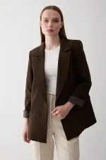 Brown Striped Lined Blazer Jacket with Fold-Up Sleeves - 7560 Brown Striped Lined Blazer Jacket with Fold-Up Sleeves - 7560