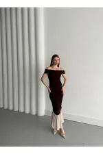 Kahverengi Kayık Yaka Fırfırlı Elbise - 4798