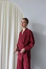 Burgundy Kimono Set with Collar Detail and Tie-Up - 8459 Burgundy Kimono Set with Collar Detail and Tie-Up - 8459