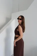 Brown Dress with Front Buckle and Side Cutout
