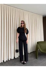 Ensemble chemisier asymétrique noir à manches ballon et pantalon - 25194