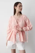 Pink 100% Cotton Muslin Shirt with Elasticated Sleeves Pink 100% Cotton Muslin Shirt with Elasticated Sleeves