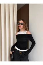 Siyah Beyaz Atletli Kayık Yaka Bluz - 0780