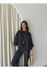 Ensemble chemisier et pantalon anthracite avec détails de surpiqûres au col - 9002