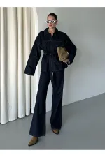Navy Blue Tie-Up Denim Jacket and Pants Set