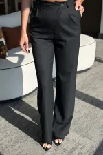 Pantalon en tissu noir avec boutons croisés sur le devant - 3442