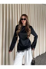 Siyah Saten Asimetrik Dantelli Bluz - 0320