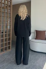 Ensemble pull à col roulé noir en maille côtelée - 4671