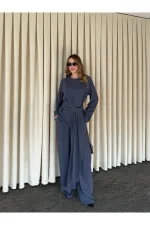 Ensemble chemisier et pantalon indigo avec ceinture et détails en dentelle - 8006