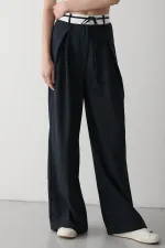 Pantalon de créateur bleu marine avec ceinture à cordon - 3576