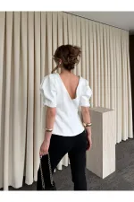 Off-White Blouse with Pearl Bow Detail on Sleeves - 5001