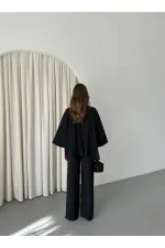 Ensemble chemisier et pantalon noirs avec détails de surpiqûres au col - 9002