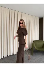 Ensemble chemisier et pantalon asymétrique marron à manches ballon - 25194